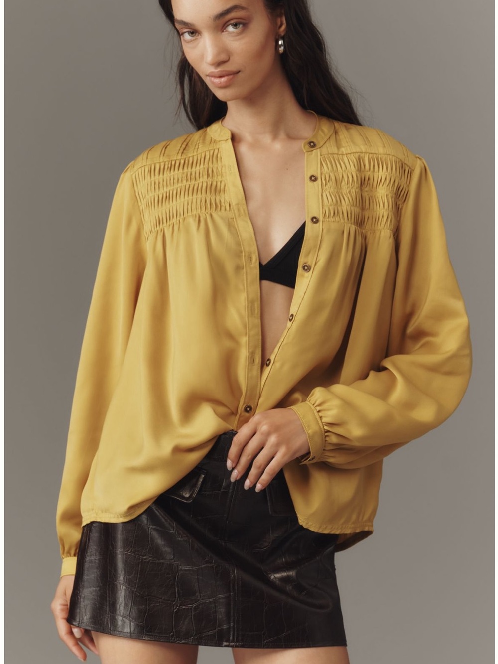 Pilcro Mustard Smocked-Yoke Button Front Silky
Shirt